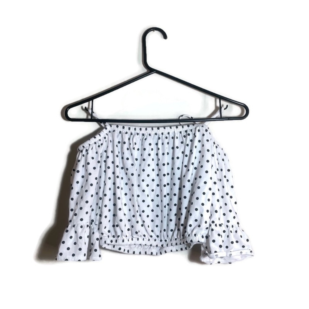 Forever 21 Top Women's Small Black and White Polka Dot Off the Shoulder Cropped - Picture 3 of 7